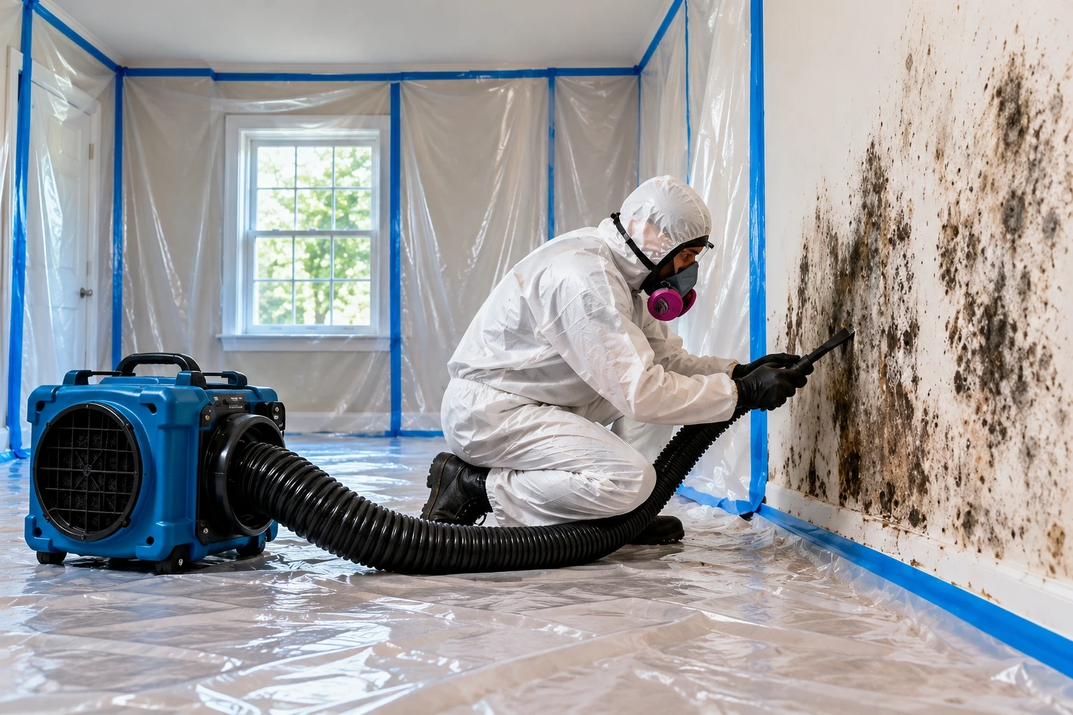 Technician and HEPA equipment in a contained mold remediation work area