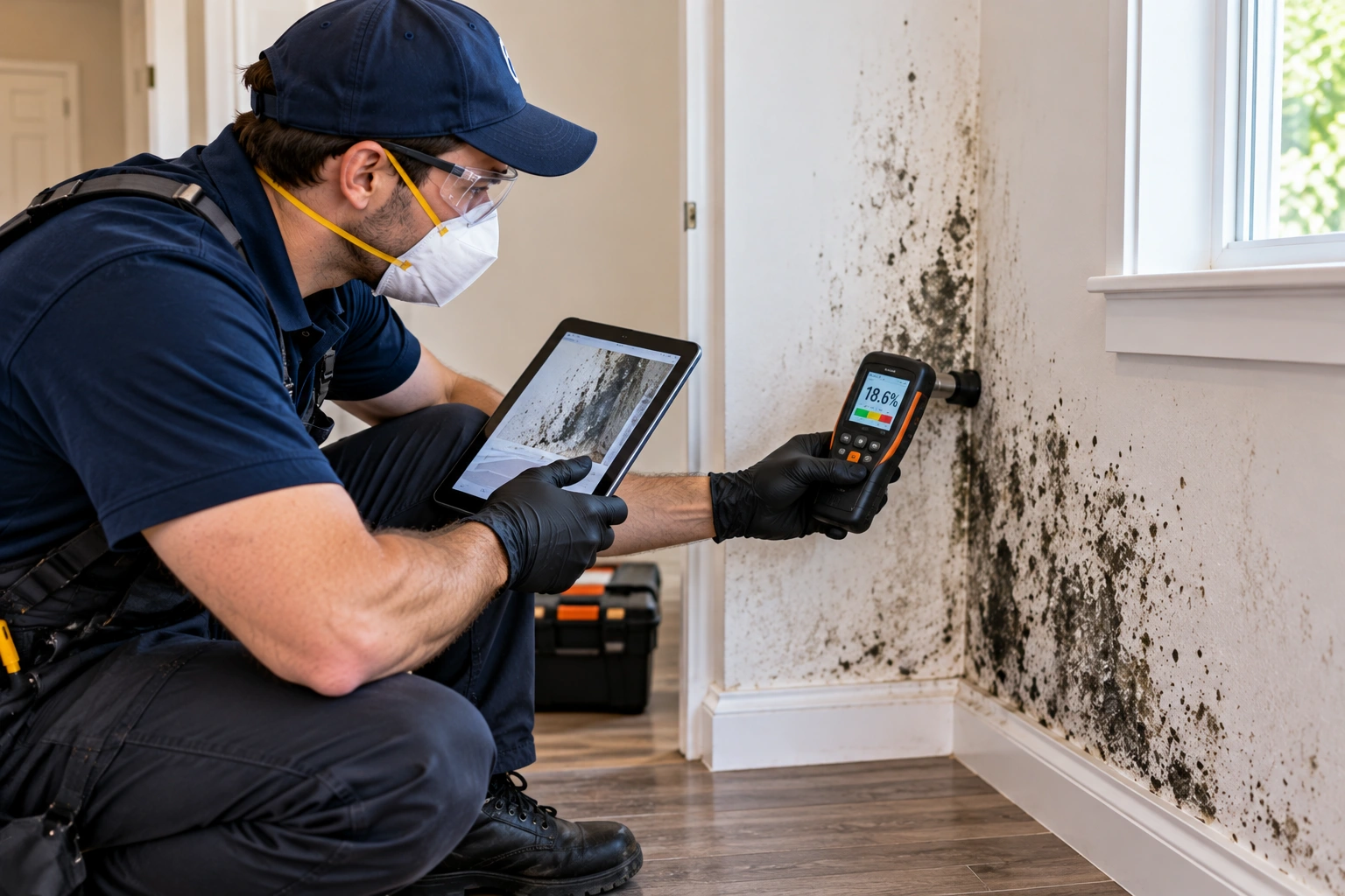 Technician inspecting a mold-affected wall with a moisture meter and tablet