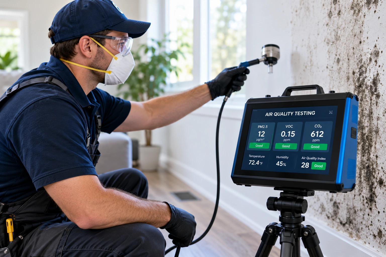 Technician using air quality sampling equipment