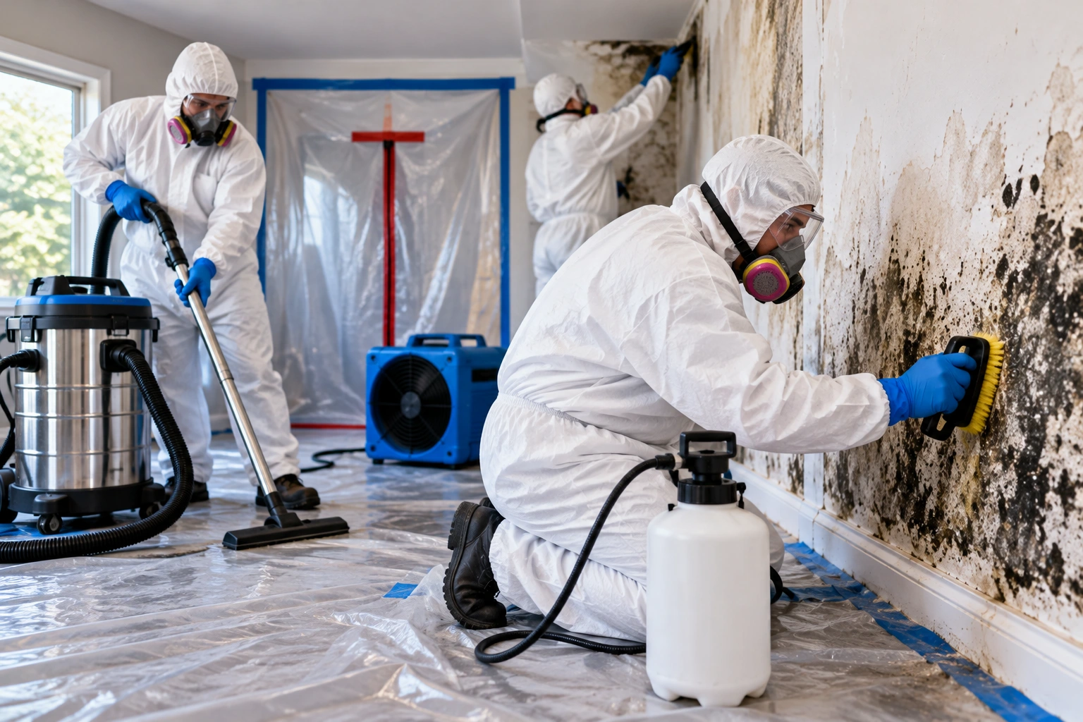 Remediation team cleaning an affected interior wall