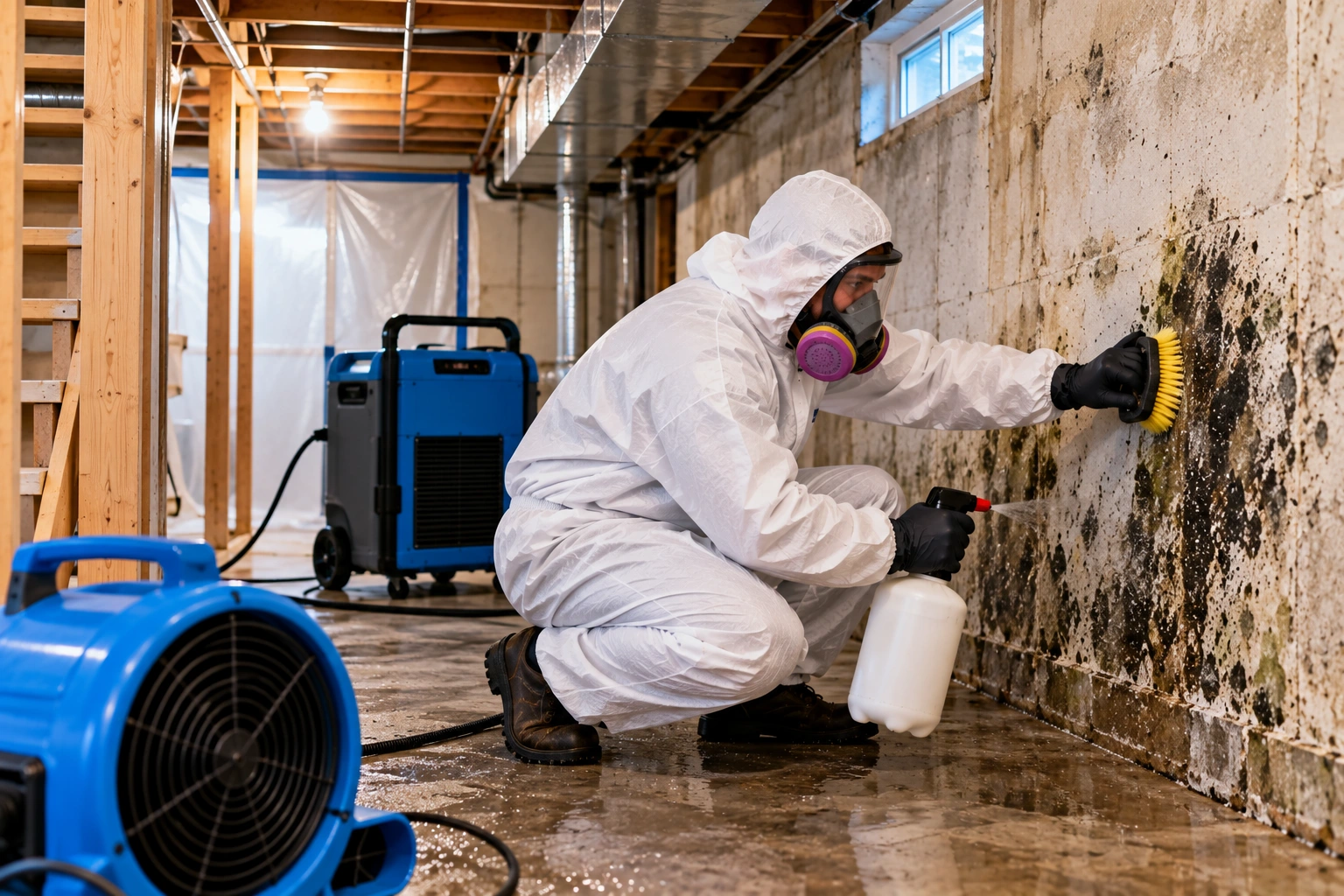 Mold cleanup in a basement with exposed timber framing