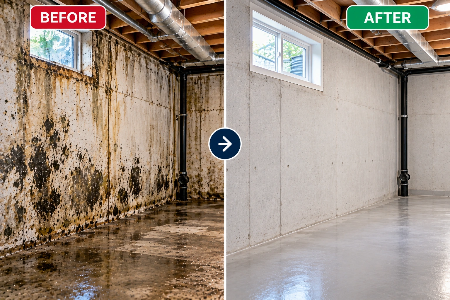 Illustrative before-and-after comparison of a basement wall